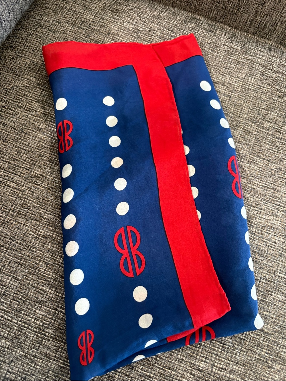 Vintage Bill Blass Silk Scarf BB Monogram Polka Dot Red White Blue Scarf - Picture 4 of 4